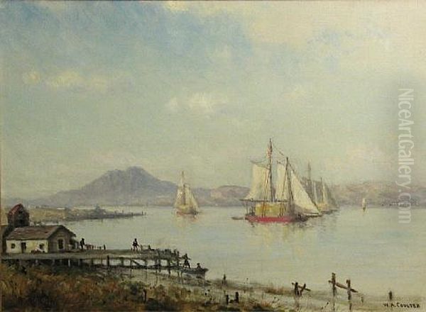 Petaluma River Scows On The San Joaquin River Delta West Of Mt. Diablo Oil Painting by William Alexander Coulter