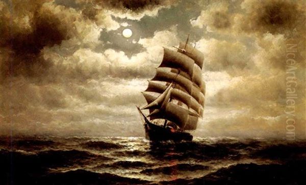 Clipper Ship Under Moonlit Skies Oil Painting by William Alexander Coulter