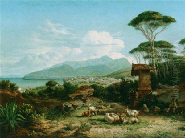 A Shepherd And His Flock In An Italian Landscape Oil Painting by Charles Coumont