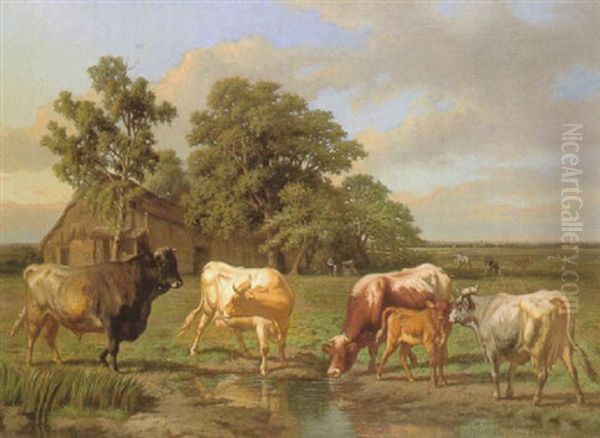 Cattle Drinking At A Pool Oil Painting by Charles Coumont