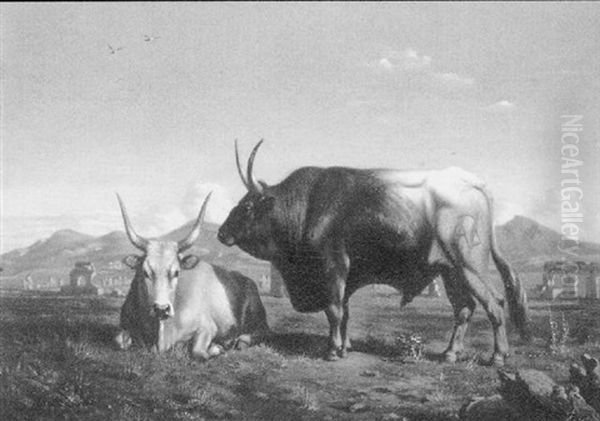 Kuh Und Stier In Antiker Landschaft Oil Painting by Charles Coumont