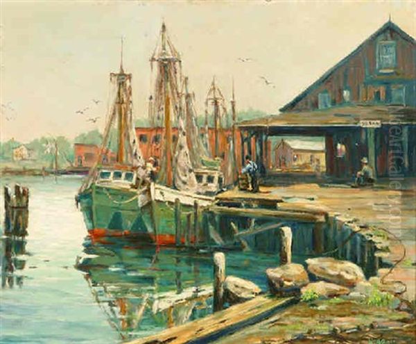 Fishing Boats In Harbor - Rockport Area (?) Oil Painting by William Couper