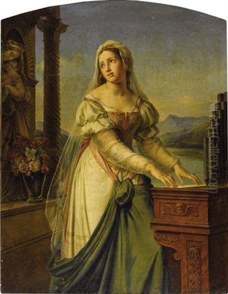 Woman At The Organ Before A Statue Of The Virgin And Child (saint Cecilia ?) Oil Painting by Marie-Philippe Coupin de la Couperie