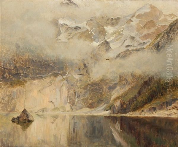 Snowcovered Mountains Reflected In A Fiord Oil Painting by Janus la Cour