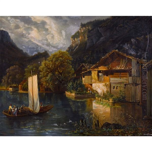 Schweizer Bergsee Mit Segelboot Und Bauernhausern Oil Painting by Janus la Cour