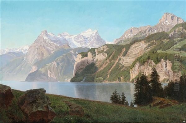 Landscape With Sunny Snow-clad Mountains And A Lake by Janus la Cour