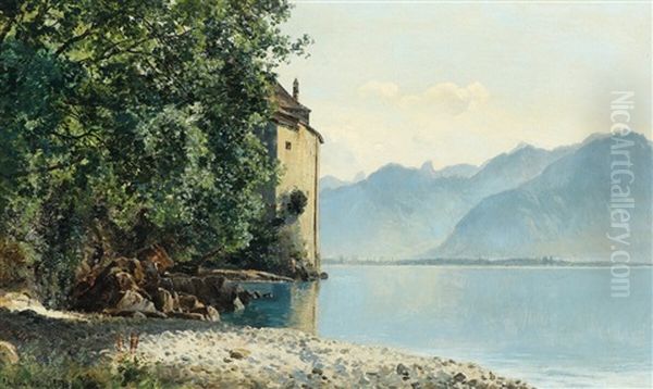 Castle Chillon By Lake Geneva Oil Painting by Janus la Cour