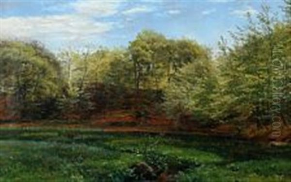 Spring Scenery By A Forest Lake Oil Painting by Janus la Cour