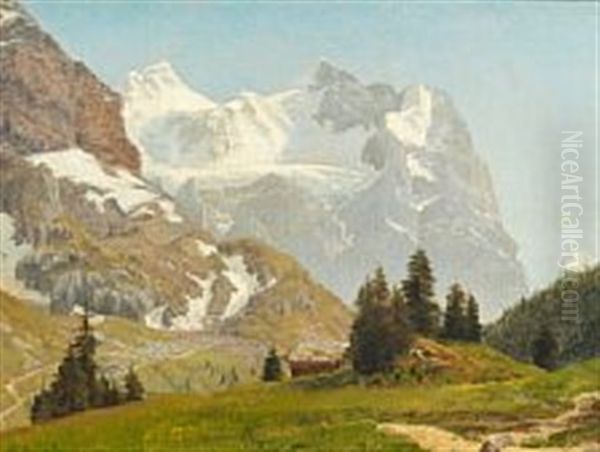 Montain Landscape With Snowy Peaks Oil Painting by Janus la Cour