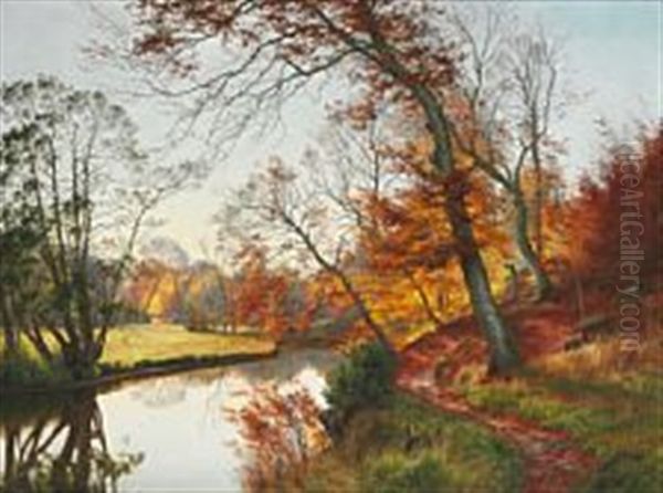 An Autumn Day At A Stream Oil Painting by Janus la Cour