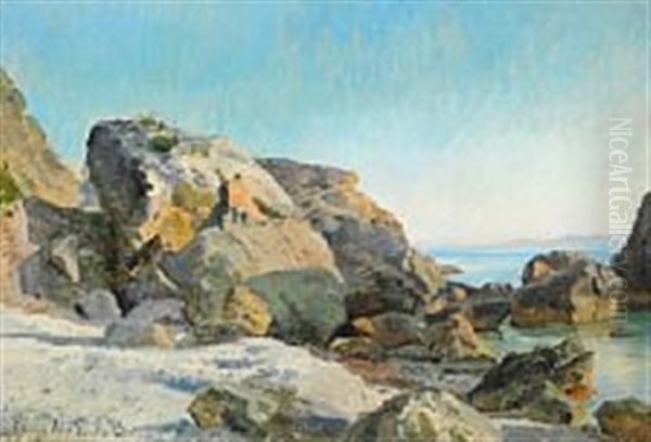 Rocky Coast At Capri Oil Painting by Janus la Cour