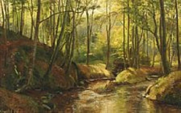 The Stream At Moesgaard Forest Oil Painting by Janus la Cour