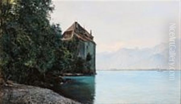 Chillon Castle By Lake Geneva, Switzerland Oil Painting by Janus la Cour