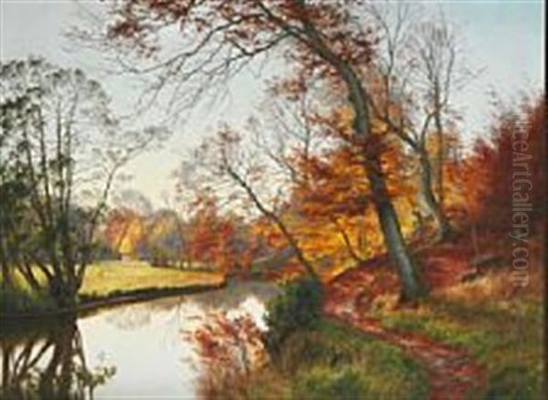 An Autumn Day At A Stream Oil Painting by Janus la Cour