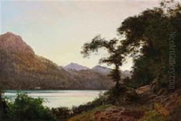 Summer Landscape With A View Over A Lake Oil Painting by Janus la Cour