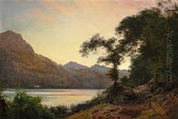 Summer Landscape With A View Over A Lake Oil Painting by Janus la Cour