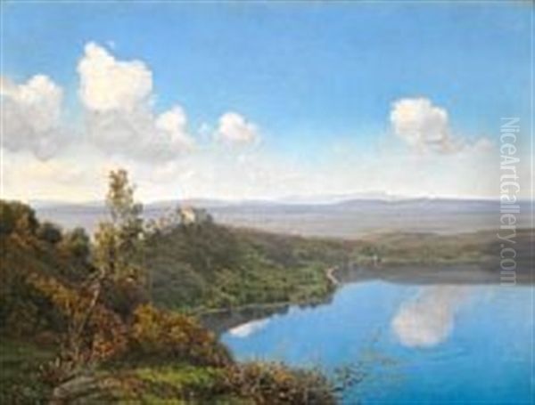 View Of The Lake Albano With The Papal Palace Of Castel Gandolfo Oil Painting by Janus la Cour