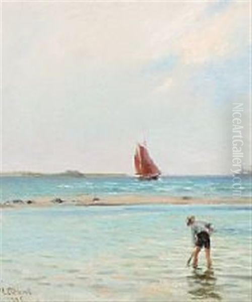 Summer Day With A Boy In The Shallows Oil Painting by Janus la Cour