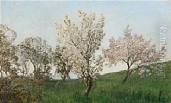 Landscape With Cherry Trees Oil Painting by Janus la Cour