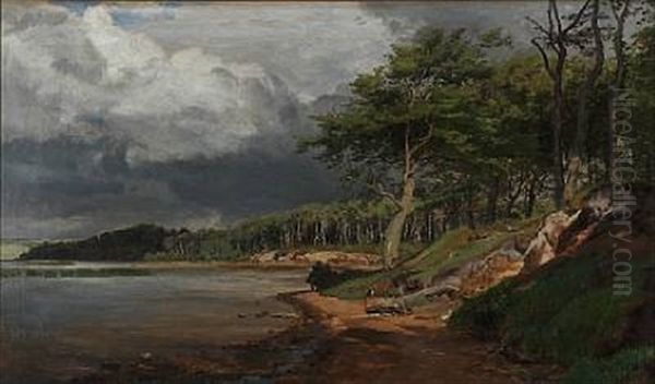 Coastal Scape At A Fjord Oil Painting by Janus la Cour