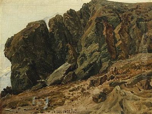 A Rocky Landscape From Rosenlaui In Switzerland Oil Painting by Janus la Cour