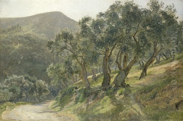 Mediterrane Berglandschaft Mit Von Olivenbaumen Gesaumtem Weg Oil Painting by Janus la Cour