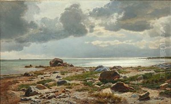 Coastal Scene With Big Rocks On The Beach At Vosnaes, Kalo Vig (study) Oil Painting by Janus la Cour