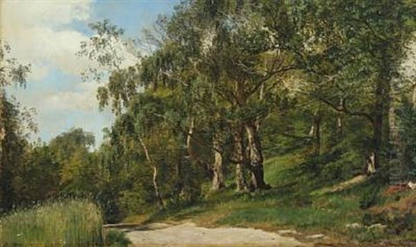 Forest Scene With Birch Trees By A Small Road Oil Painting by Janus la Cour