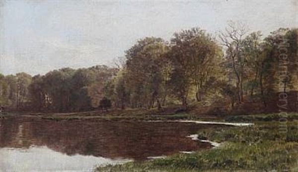 Landscape With A Forest Lake Oil Painting by Janus la Cour