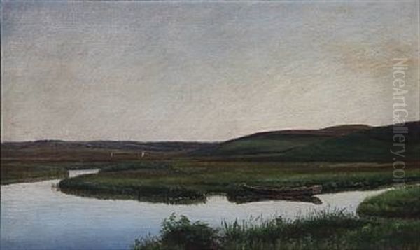 Landscape With A Boat On A River Oil Painting by Janus la Cour