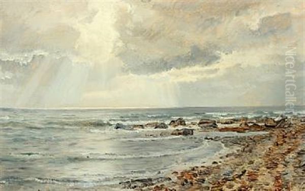 Coastal Scenery With The Sun Shining Through The Clouds Oil Painting by Janus la Cour