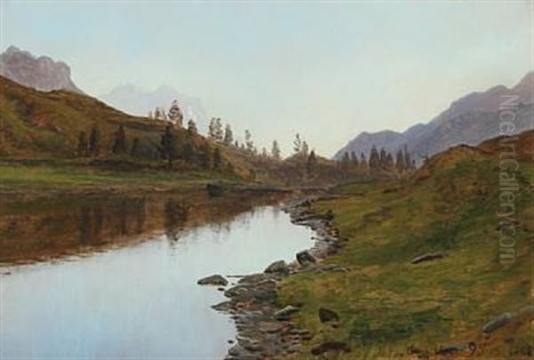 Landscape From Schweiz With Lake, In The Background Mountains Oil Painting by Janus la Cour