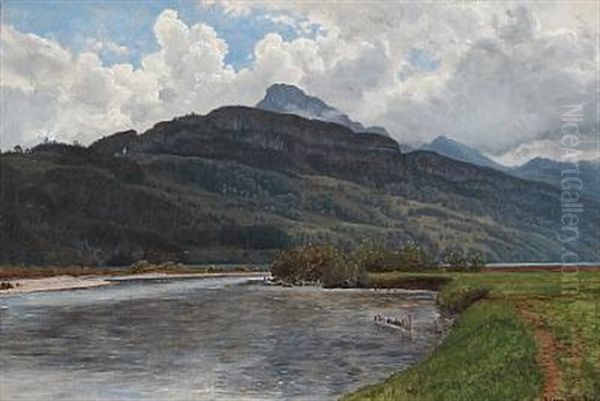 A Storm Coming Up At Brunnen, Switzerland Oil Painting by Janus la Cour