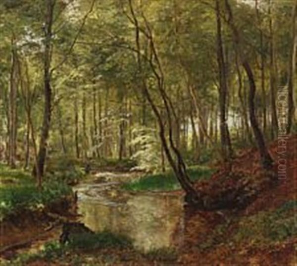 Forest With Stream Oil Painting by Janus la Cour