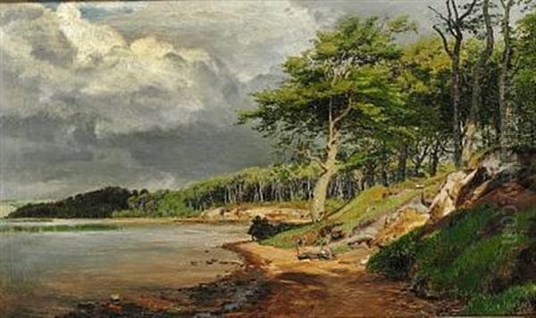 Trees Growing On The Waterside (juel So (lake) In Jutland?) Oil Painting by Janus la Cour