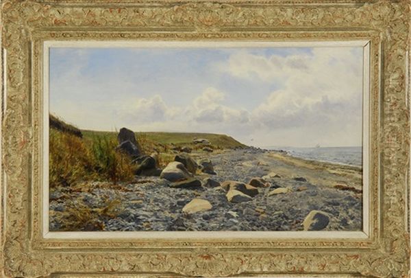 Rock-strewn Beach With Distant Ship Oil Painting by Janus la Cour