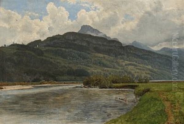 A Storm Approaching In Brunnen, Switzerland Oil Painting by Janus la Cour