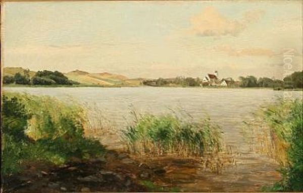 Fjord Scene With A Whitewashed Church In The Background Oil Painting by Janus la Cour