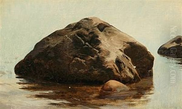 Large Stones At The Water Edge Oil Painting by Janus la Cour