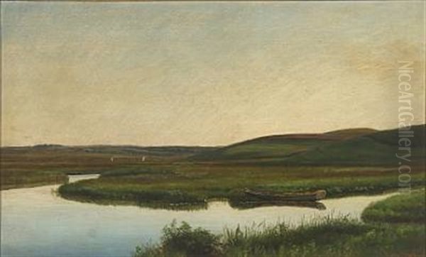 Landscape With A Boat On A River Oil Painting by Janus la Cour