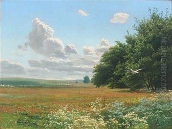 Summer Landscape With Flying Stork Over A Flowering Meadow Oil Painting by Janus la Cour