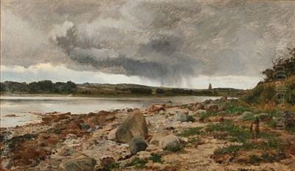 Ved Stranden - Optraekkende Uveir I August (stormy Weather In August At Kalo Vig, Denmark) Oil Painting by Janus la Cour