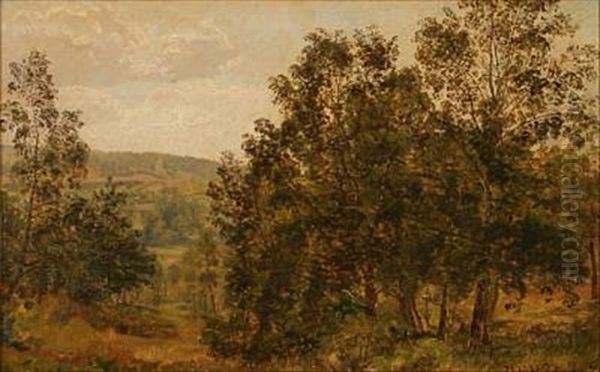 A Hilly Autumn Landscape Oil Painting by Janus la Cour