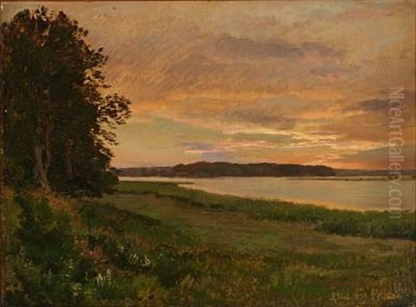 Landskab Med So. Solnedgang Oil Painting by Janus la Cour