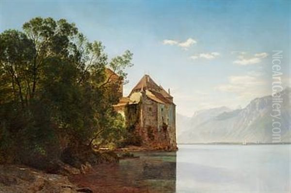 The Chillon Castle At Lake Leman Oil Painting by Janus la Cour