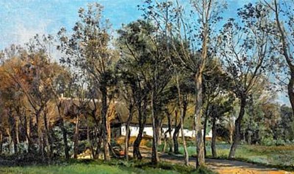 Old Farmhouse Behind Trees Oil Painting by Janus la Cour