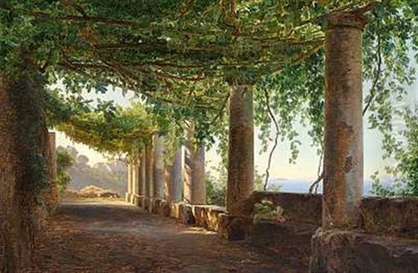 Parti Fra Italien. Udsigt Over Havet Fra En Loggia (capri?) Oil Painting by Janus la Cour