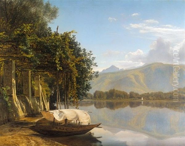 Lugano Soen Ved Pont Tresa (lake Lugano At Pont Tresa) Oil Painting by Janus la Cour