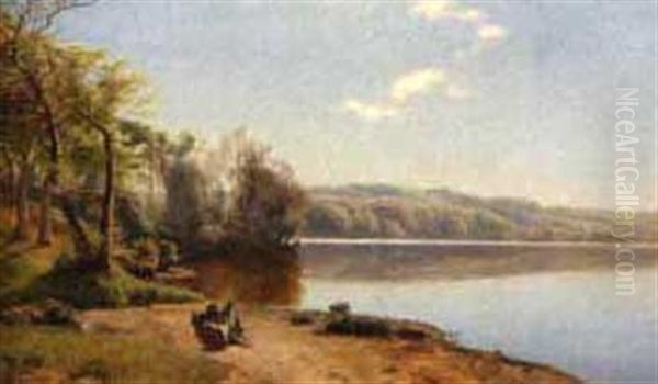 Lake Scene Oil Painting by Janus la Cour