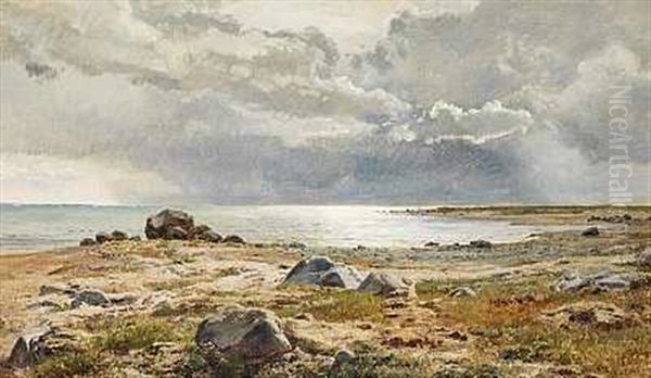 Strandparti Fra Helgenaes Med Gra Skyer Over Havet Oil Painting by Janus la Cour